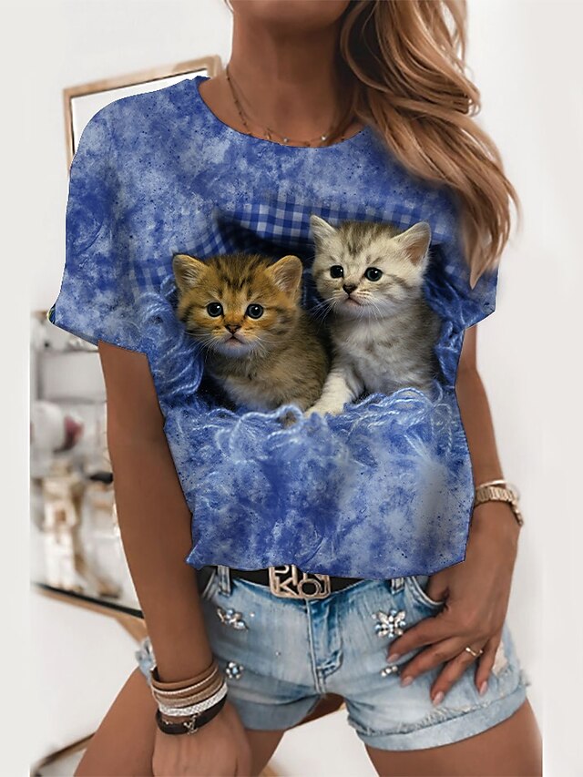  Women's T shirt Tee Blue Graphic Cat 3D Print Short Sleeve Daily Weekend Basic Round Neck Regular Fit 3D Cat Painting
