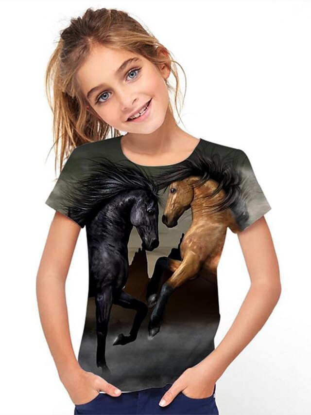  Kinder Mädchen T-Shirt Kurzarm Regenbogen 3D-Druck Einhorn Grafik Schulanfang Aktiv nette Art 3-12 Jahre
