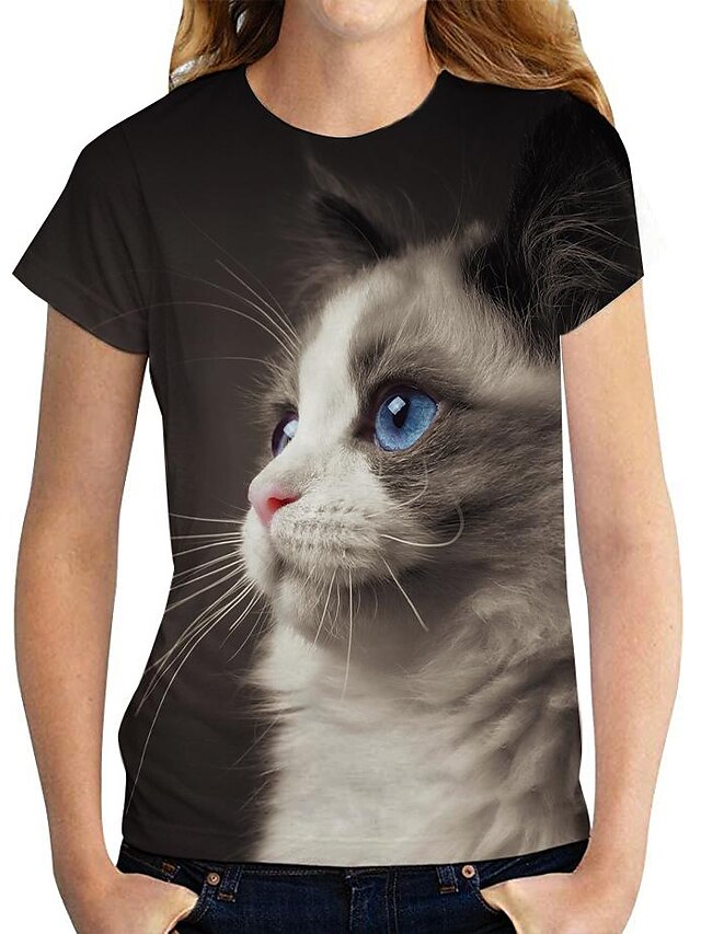  Mulheres Camiseta Gato 3D Gato 3D Animal Decote Redondo Imprimir Básico Blusas Preto / Impressão 3D