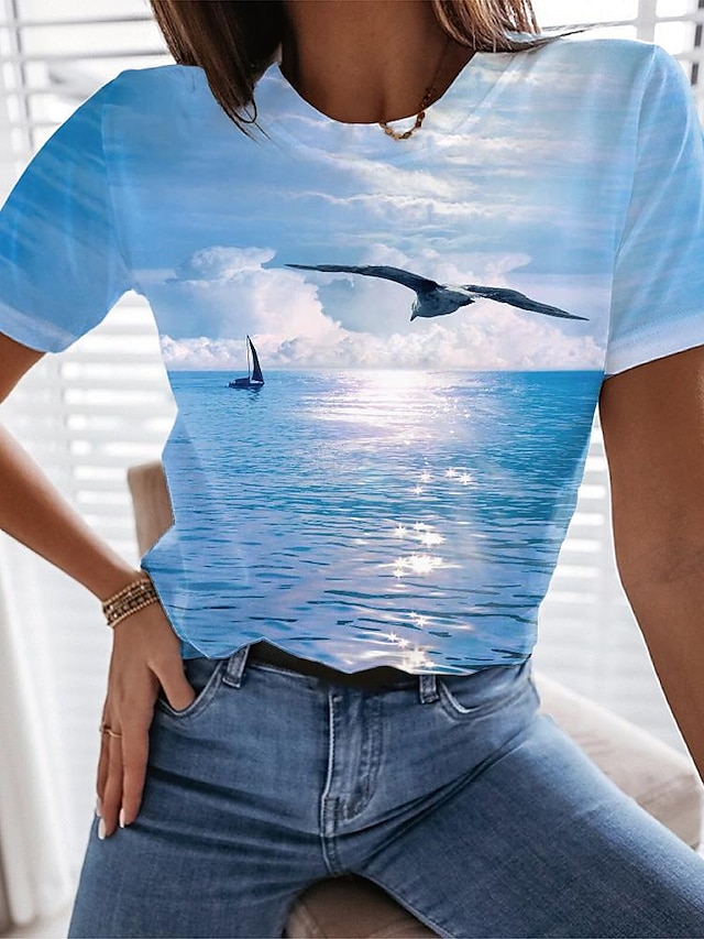  Dame T-shirt Lyseblå Trykt mønster Grafisk Fugl Ferie Weekend Kortærmet Rund hals Basale Strandstil Normal 3D Maleri S / 3D-udskrivning