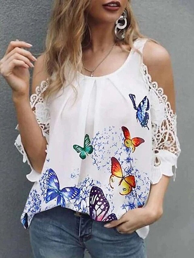  Women's Graphic Patterned Butterfly Daily Weekend Short Sleeve Blouse Eyelet top Shirt U Neck Lace Trims Print Basic Essential Streetwear Tops Green White Blue S