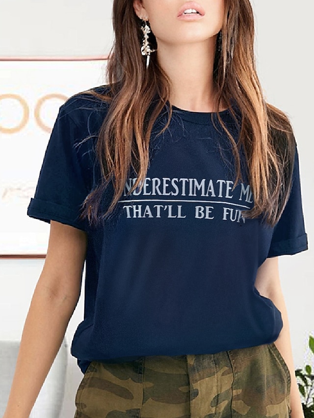  Damen T-Shirt Grafik Text Buchstabe Druck Rundhalsausschnitt Grundlegend Oberteile 100% Baumwolle Weiß Schwarz Purpur
