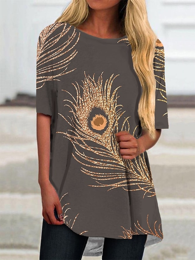 Damen T Shirt Kleid Minikleid Gold Kurzarm Blumen Druck Frühling Sommer Rundhalsausschnitt Freizeit 2021 S M L XL XXL 3XL