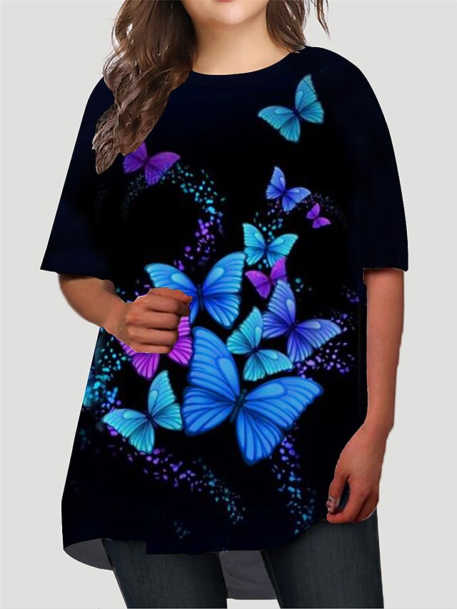  Damen Übergröße Graphic T Shirt Kleid Bedruckt Rundhalsausschnitt Halbe Ärmel Basic Herbst Frühling Normal Täglich Minikleid Kleid / Sommer / Schmetterling