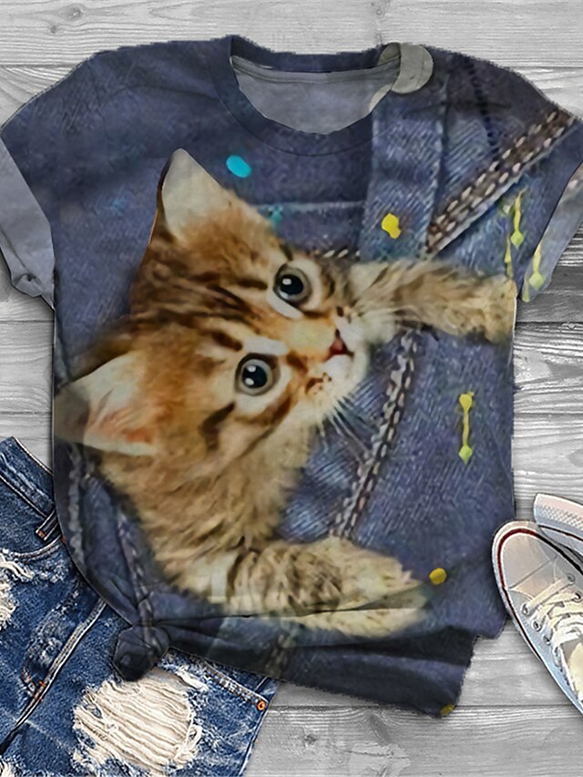  Damen Übergröße Oberteile T-Shirt Katze Grafik Kurzarm Bedruckt Grundlegend Rundhalsausschnitt Baumwoll-Spandex-Trikot Täglich Festtage Blau