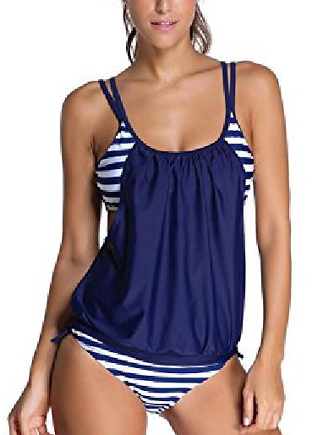  Women's Tankini 2 Piece Swimsuit Tie Knot Open Back Color Block Light Blue Gray Black Dark Blue Swimwear Bathing Suits Neutral Sports / Beach