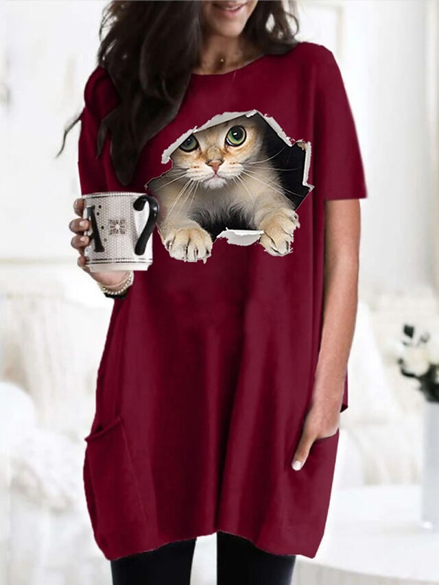  Dame Kat Grafisk Afslappet Daglig 3D kat Kortærmet T-shirt kjole tunika Rund hals Lomme Trykt mønster Basale Toppe Sort Grå Vin S / 3D-udskrivning