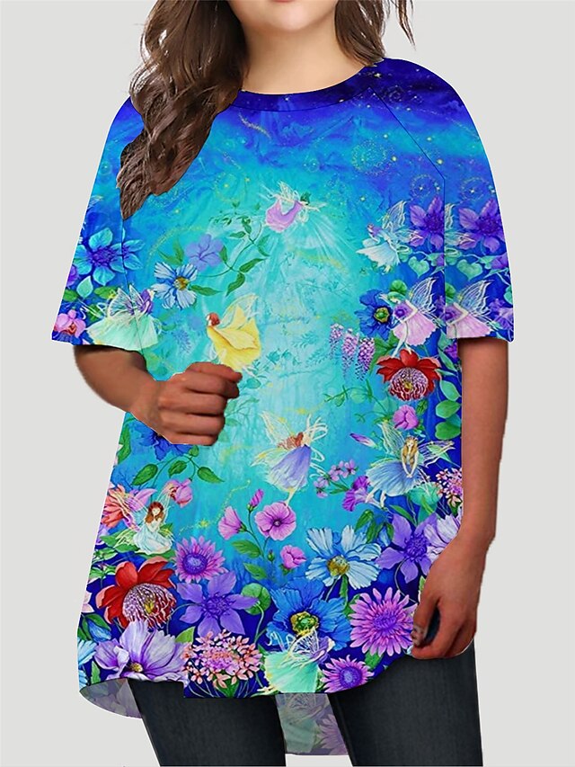  Damen Übergröße Blumen T Shirt Kleid Bedruckt Rundhalsausschnitt Halbe Ärmel Grundlegend Herbst Frühling Normal Täglich Minikleid Kleid