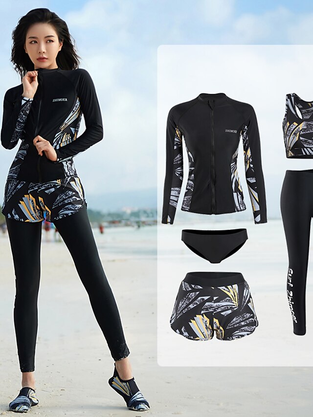  Women's 5 Piece Rash Guard Dive Skin Suit Diving Suit UV Sun Protection Anatomic Design Quick Dry Stretchy Full Body Front Zip Swimming Diving Surfing Snorkeling Floral / Botanical Autumn / Fall