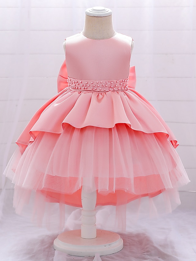  Kids Little Girls' Dress Solid Colored Party Birthday Party Layered Mesh Bow Blue Blushing Pink Wine Asymmetrical Sleeveless Cute Sweet Dresses All Seasons Children's Day Slim 2-6 Years