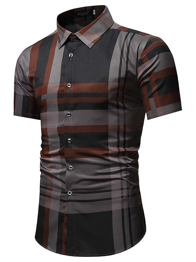  Men's Shirt Plaid Classic Collar Daily Work Short Sleeve Tops Business Simple Navy Blue Coffee