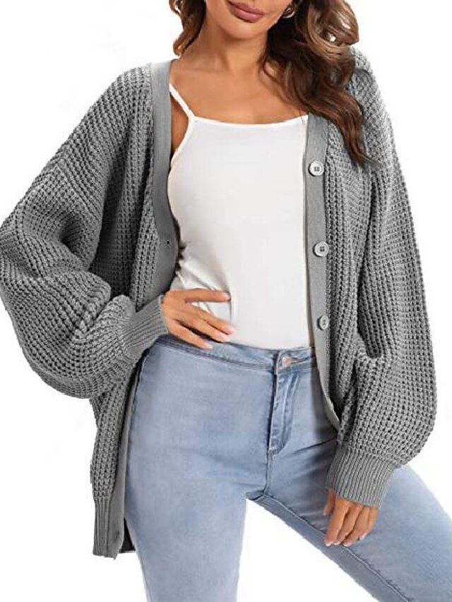  Women's Cardigan Sweater Open Front Crochet Waffle Knit Cotton Button Drop Shoulder Spring Fall Winter Tunic Causal Casual Long Sleeve Solid Color Black White Army Green S M L