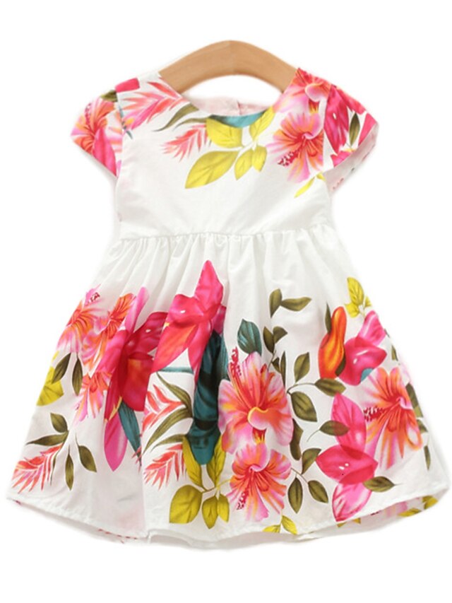  Kids Toddler Little Girls' Dress Trees / Leaves Flower Tropical Leaf White School Holiday Patchwork Print Yellow Red Knee-length Short Short Sleeve Active Princess Dresses Summer Regular Fit 2-8 Years