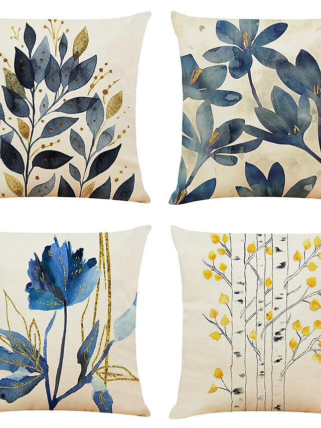  4 pcs Faux Linen Pillow Cover, Simple Classic Print Art Deco Floral&Plants Zipper Square Traditional Classic