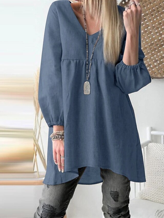  LITB Basic Women's Signature Cotton Shirt Dress Long Puff Sleeve Blouse Daily Summer Wear Solid Color