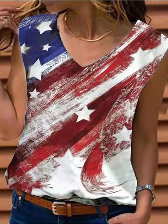  Dame T-shirt Tanktop Vest Hvid Flag Amerikansk amerikansk flag USA Uden ærmer Daglig Uafhængighedsdagen V-hals Regulær Uafhængighedsdagen