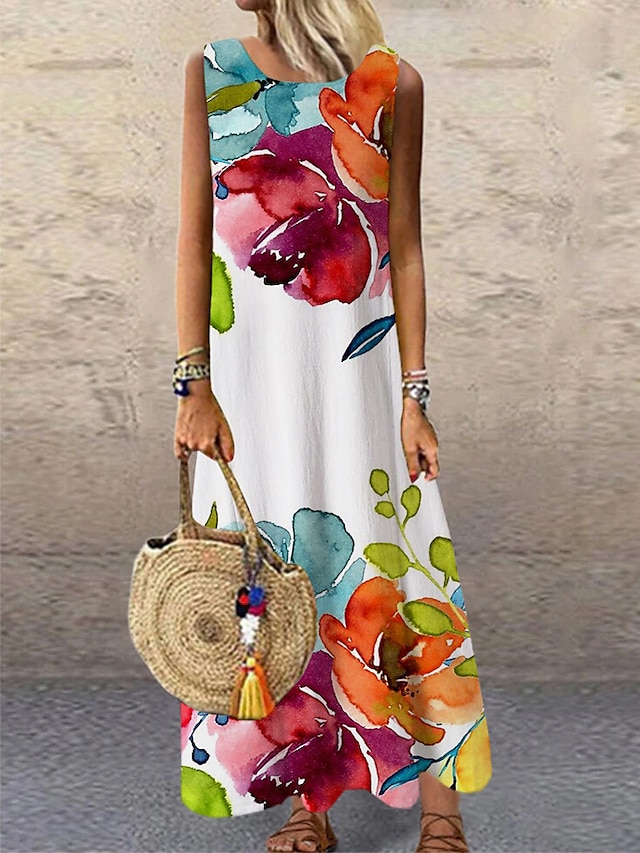  Women's Long Dress Maxi Dress Casual Dress Shift Dress Rainbow Floral Sleeveless Summer Spring Fall Print Fashion Crew Neck 2023 S M L XL XXL 3XL
