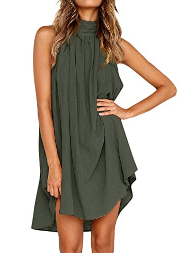  Women's Loose Knee Length Dress Yellow Green White Black Sleeveless Solid Color Cold Shoulder Summer High Neck Classic & Timeless Casual 2021 S M L XL / Cotton / Cotton