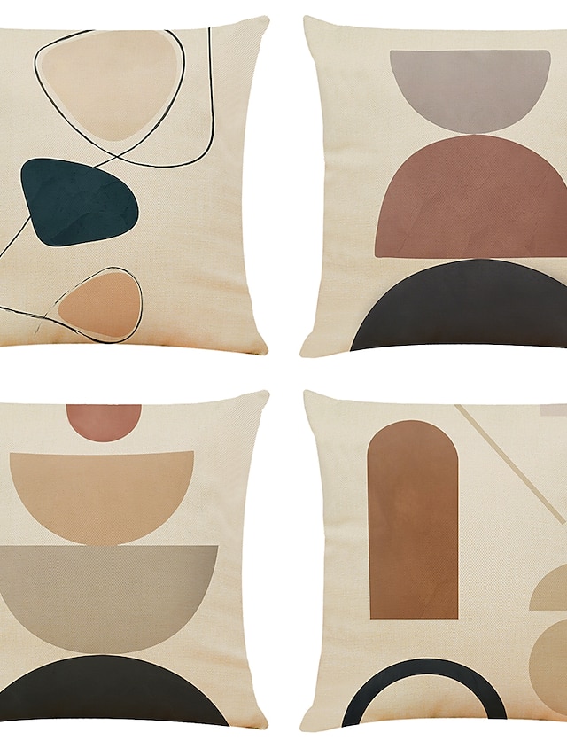  4 pcs Pillow Cover Faux Linen, Simple Classic Print Geometric Modern Zipper Square Traditional Classic