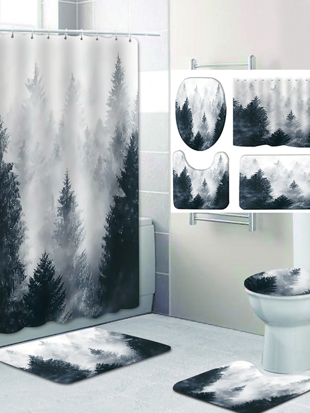  Forest in The Mist Pattern Printing Bathroom Shower Curtain Leisure Toilet Four-Piece Design