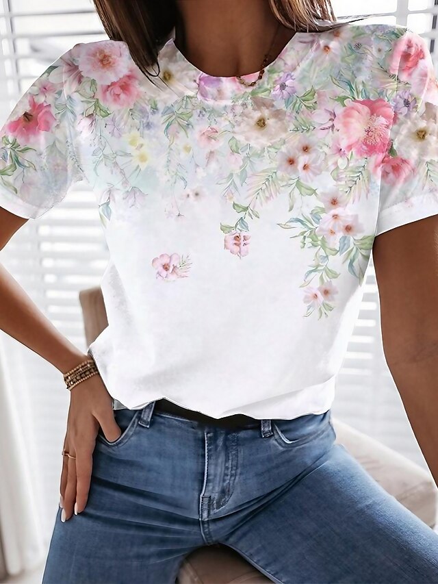  Dame T-shirt Grafisk Blomstret Hvid Trykt mønster Kortærmet Daglig Weekend Basale Rund hals Regulær