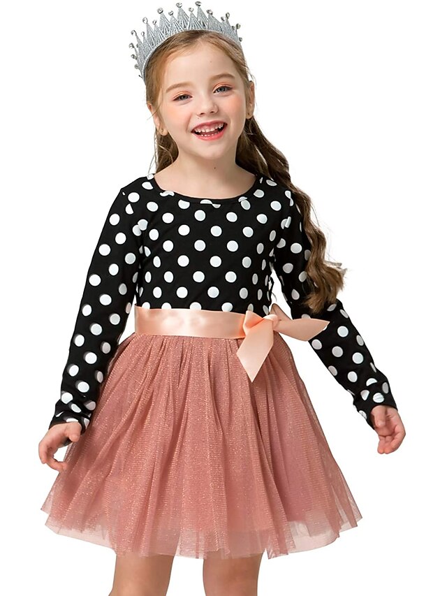  Toddler Little Girls' Dress Polka Dot Tutu Dresses Casual Mesh Bow White Black Knee-length Cotton Long Sleeve Basic Cute Dresses Regular Fit 2-6 Years