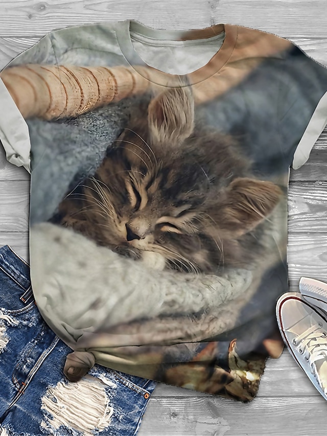  Damen Übergröße Oberteile T-Shirt Katze Grafik Kurzarm Bedruckt Grundlegend Rundhalsausschnitt Baumwoll-Spandex-Trikot Täglich Festtage Grau