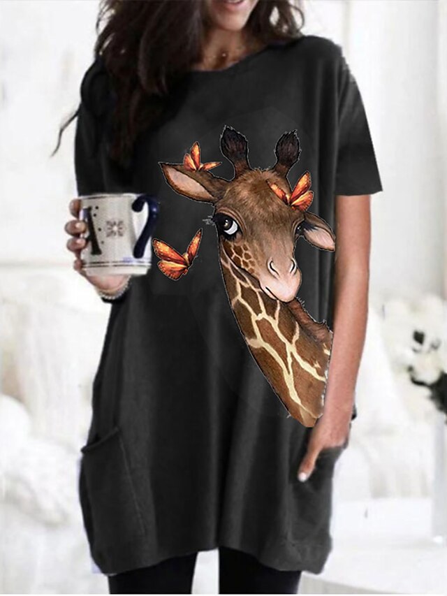 Damen T-Shirt Kleid Tunika Graphic Tier Giraffe Schwarz Wein Armeegrün Kurzarm Täglich Basic Rundhalsausschnitt