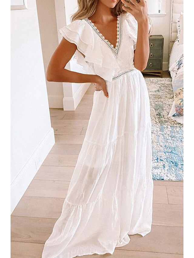  Women's Maxi long Dress A Line Dress Swing Dress Short Sleeve Modern Style Lace Pure Color V Neck Spring Summer Party Casual Sexy 2022 S M L XL XXL