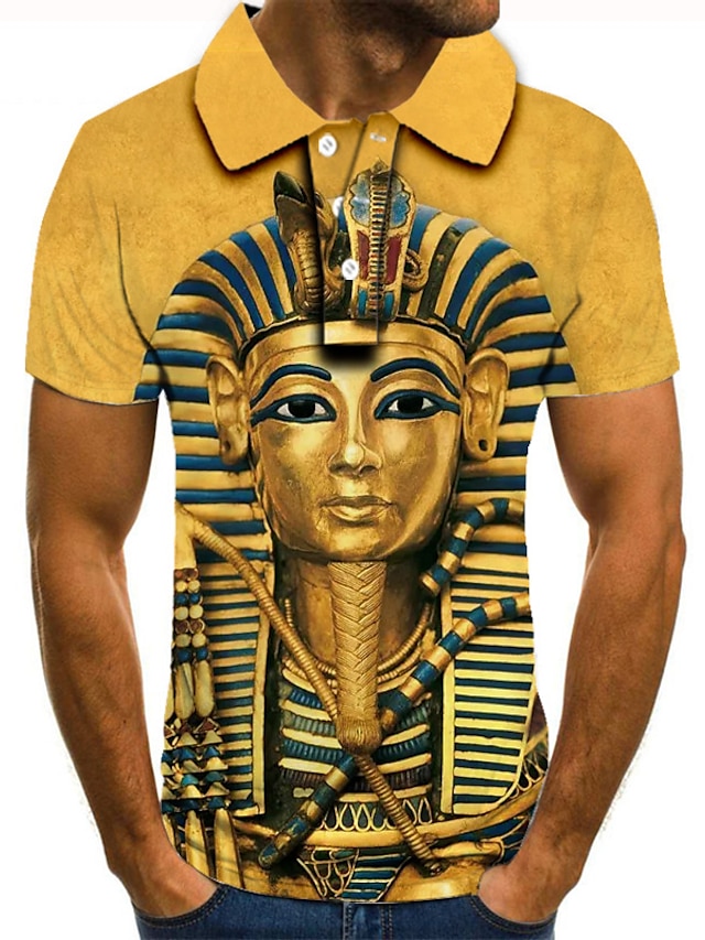  Herre Golf skjorte Tennis skjorte Grafiske trykk Egypt-serien 3D-utskrift Krage Gate Avslappet Kortermet Knapp ned Topper Fritid Mote Kul Gul / Sport