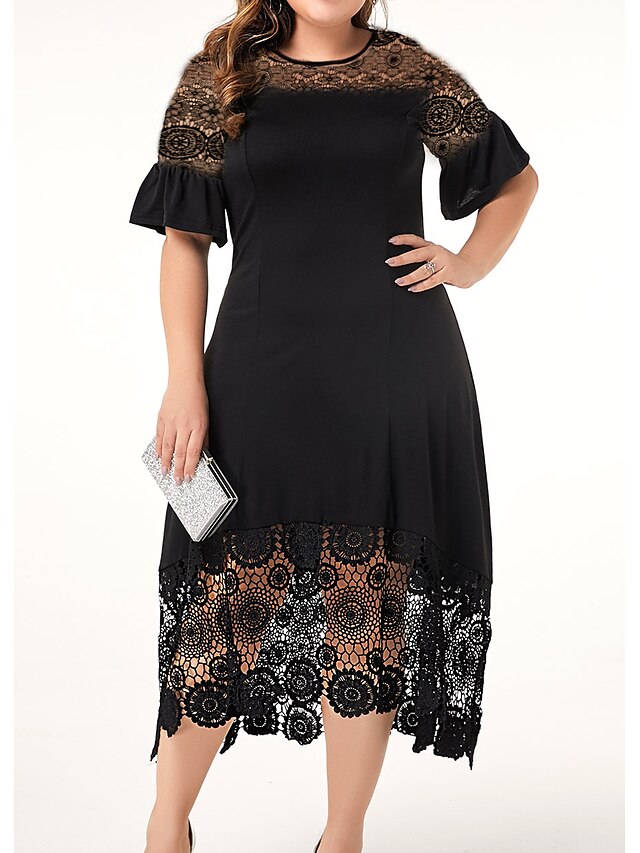  Women's Plus Size Floral Shift Dress Lace Round Neck Half Sleeve Casual Spring & Summer Daily Holiday Midi Dress Dress / Graphic Patterned / Print