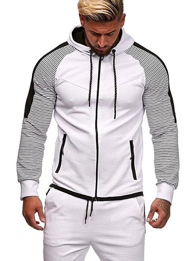  Men's Striped Color Block Full Zip Hoodie Hooded Zipper Daily Fitness Sportswear Basic Hoodies Sweatshirts  Long Sleeve Blue White Black