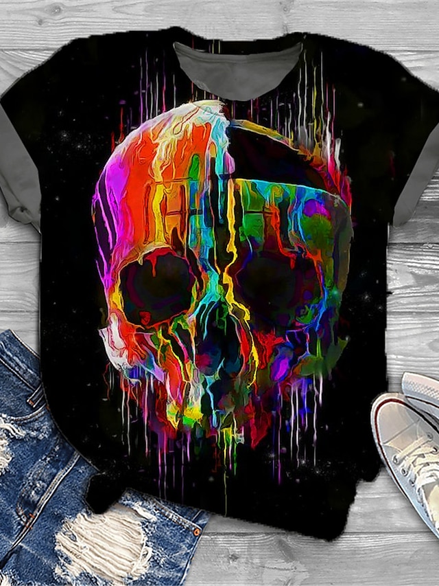  Women's Plus Size Tops Graphic Skull T shirt Tee Short Sleeve Print Basic Streetwear Casual Crew Neck Cotton Spandex Jersey Halloween Daily Spring Summer Black