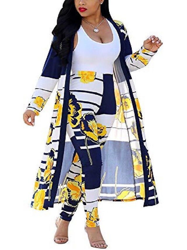  Women's Overall Floral 2 Piece Casual Open Front Party Daily Long Sleeve Regular Fit Blue Yellow S M L All Seasons