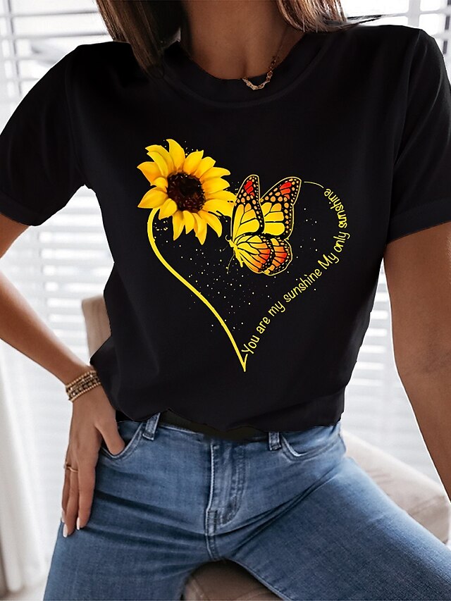 Women's T shirt Tee 100% Cotton Floral Butterfly Heart Black White Print Short Sleeve Going out Valentine Basic Round Neck Regular Fit
