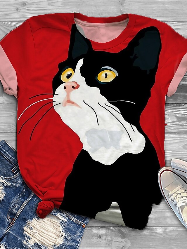  Damen Übergröße Oberteile T Shirt Katze Graphic Kurzarm Bedruckt Basic Rundhalsausschnitt Baumwoll-Spandex-Trikot Täglich Festtage Rote