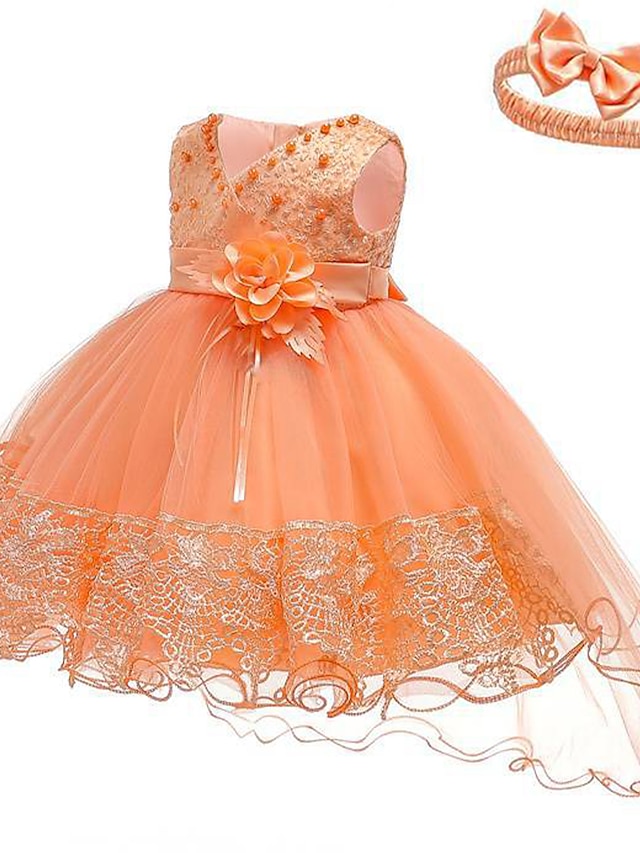  Baby Girls' Active Basic Cotton Party Birthday Solid Colored Lace Sleeveless Dress Knee-length Blue Blushing Pink Orange