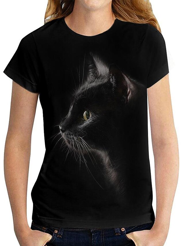  Dame Kat Dyr Daglig Weekend 3D kat Kortærmet T-shirt Rund hals Trykt mønster Basale Toppe Sort S / 3D-udskrivning