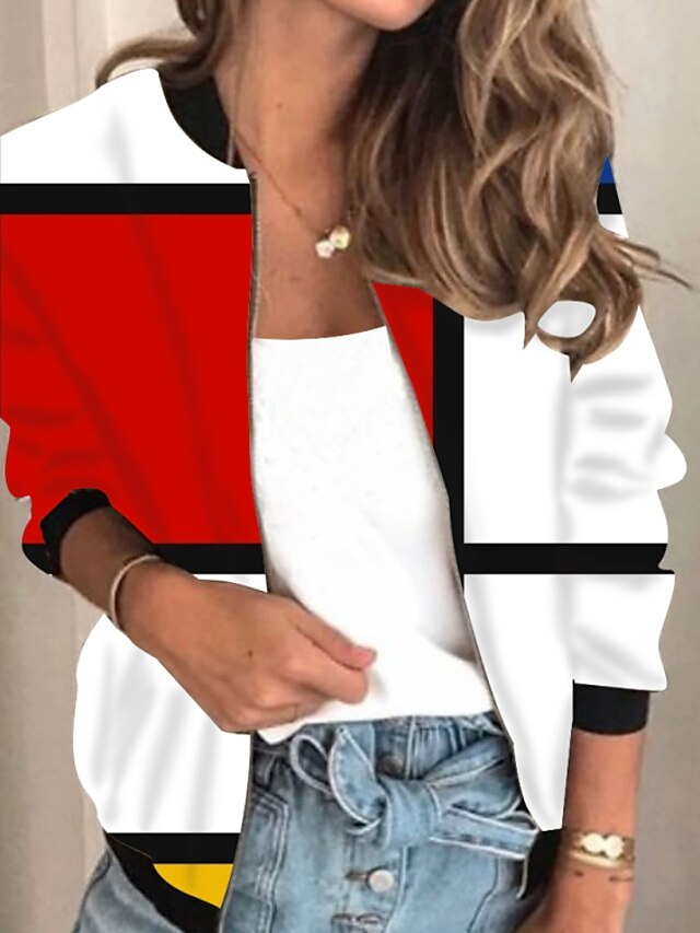 Women's Jacket Bomber Jacket Varsity Jacket Print Casual Daily Valentine's Day Coat Regular Air Layer Fabric Red Fall Spring Round Neck Regular Fit S M L XL XXL 3XL / Geometric