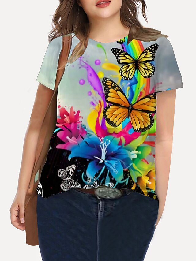  Women's Plus Size Tops T shirt Floral Graphic Short Sleeve Print Basic Crewneck Cotton Spandex Jersey Daily Holiday LightBlue / Butterfly