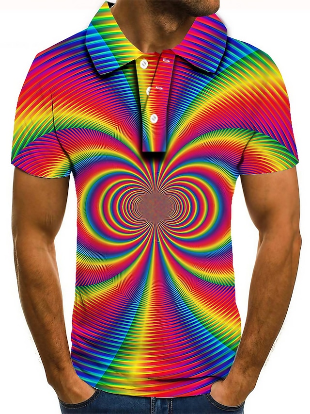  Men's Polo Shirt Tennis Shirt Golf Shirt Rainbow Optical Illusion Collar Yellow Pink Purple Rainbow 3D Print Street Casual Short Sleeve Button-Down Clothing Apparel Fashion Cool Casual