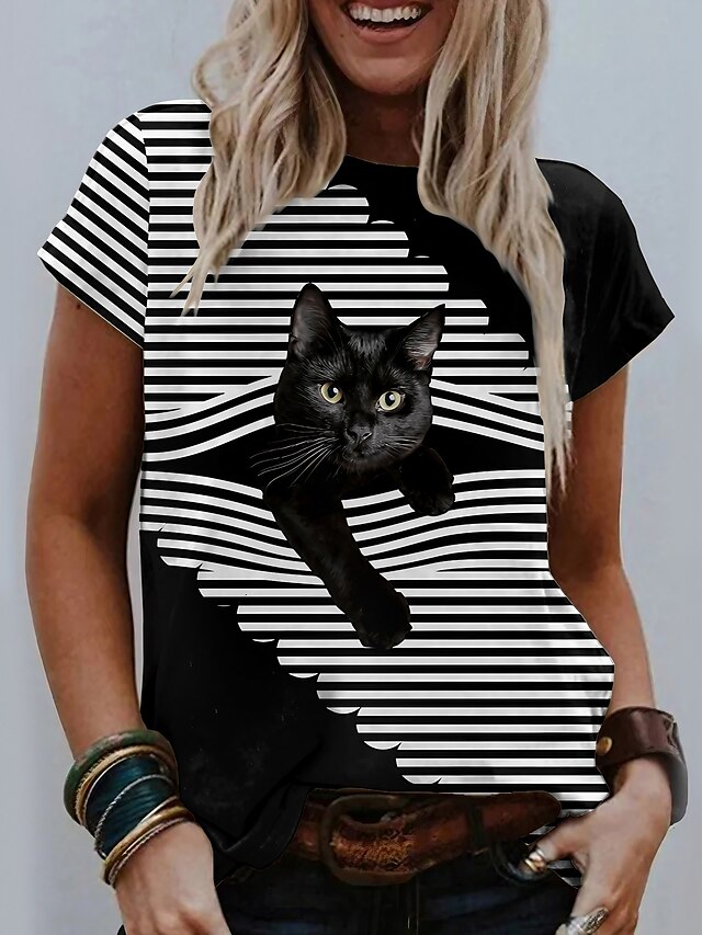  Damen T Shirt Graphic Katze Gestreift Schwarz Bedruckt Kurzarm Täglich Wochenende Vintage Basic Rundhalsausschnitt Regular Fit