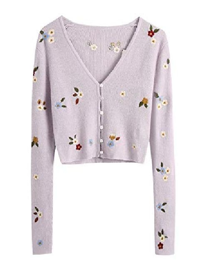  Women's Cardigan Floral / Botanical Long Sleeve Sweater Cardigans V Neck White