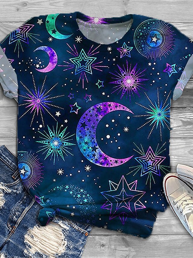  Women's Plus Size Tops T shirt Galaxy Graphic Short Sleeve Print Basic Crewneck Cotton Spandex Jersey Daily Holiday Blue