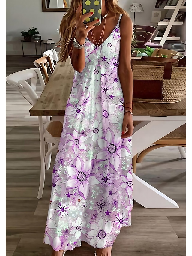  Damen Swingkleid Maxi langes Kleid lila gelb errötend rosa ärmellos Blumendruck Frühling Sommer V-Ausschnitt lässig Boho Urlaub 2021 s m l xl xxl
