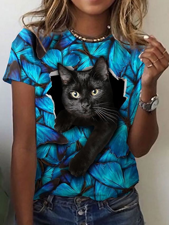  Damen T Shirt Graphic Katze 3D Täglich Wochenende Bedruckt Blau Kurzarm Basic Rundhalsausschnitt