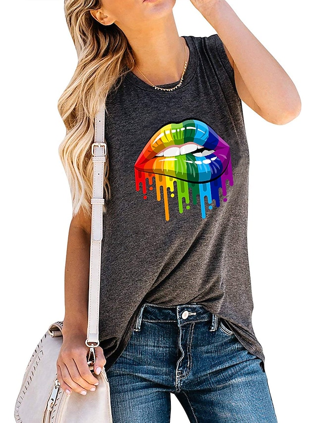  Women's Rainbow Graphic Patterned Mouth Daily Holiday Going out Sleeveless Tank Top Vest T shirt Tee Round Neck Print Basic Essential Tops Blue Purple Light gray S