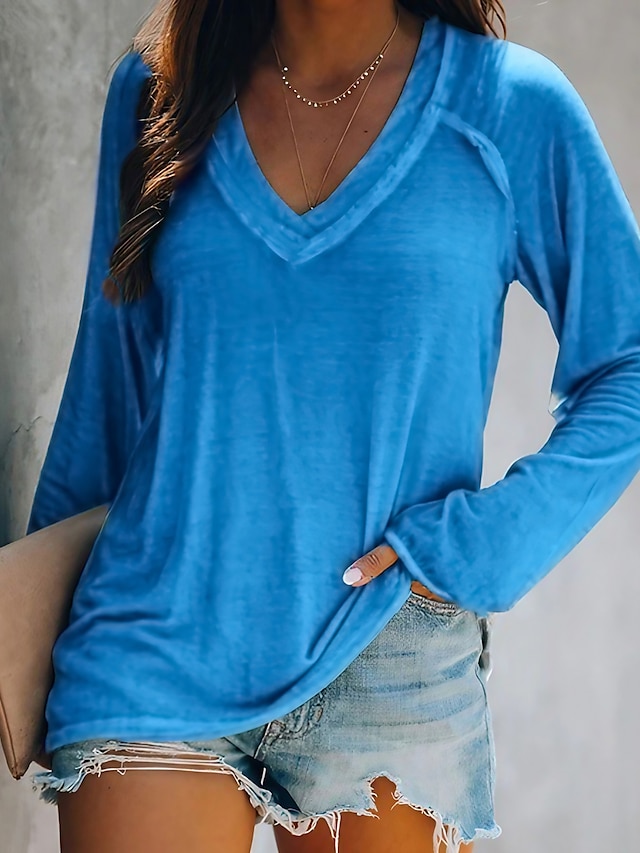  Damen T-Shirt Glatt Einfarbig V-Ausschnitt Patchwork Grundlegend Oberteile Lose Blau Rosa Grau