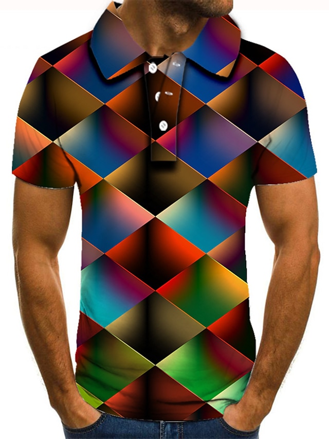  Herre Golf skjorte Tennis skjorte 3D Print Geometri 3D-utskrift Krage Gate Avslappet Kortermet Knapp ned Topper Fritid Mote Kul Regnbue / Sport