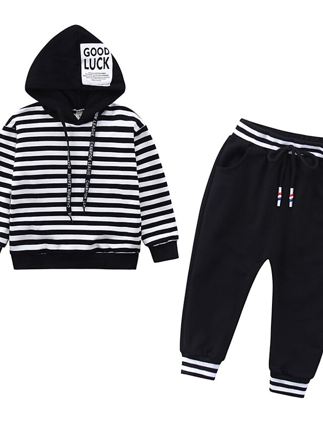  Toddler Boys' Hoodie & Pants Pullover Clothing Set Long Sleeve 2 Pieces Blue Black Letter Elastic Drawstring Design With Pockets Striped Solid Color Sports Outdoor Cotton Basic Casual 2-6 Years